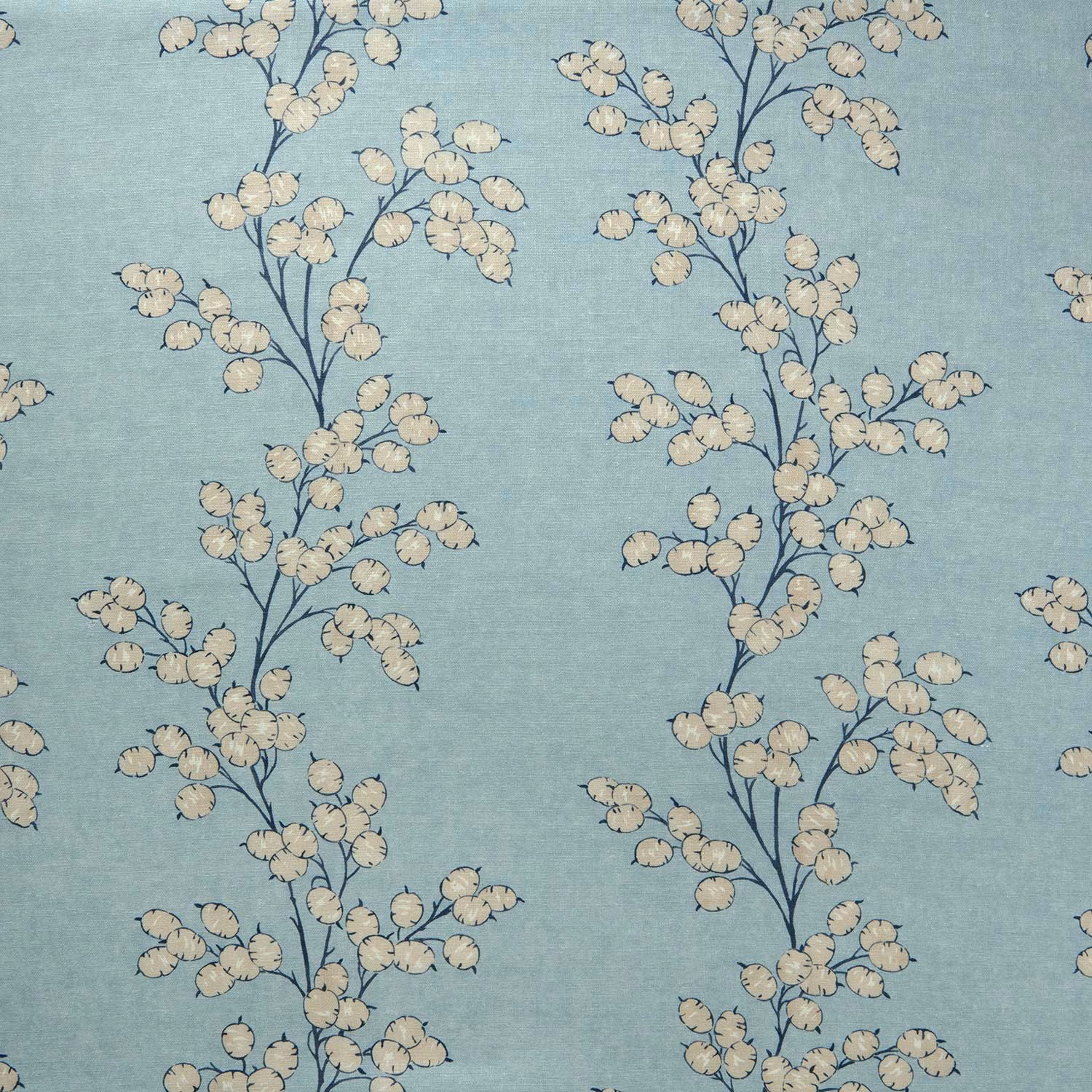 Aqua blue linen fabric with trailing cream floral branches and navy stems