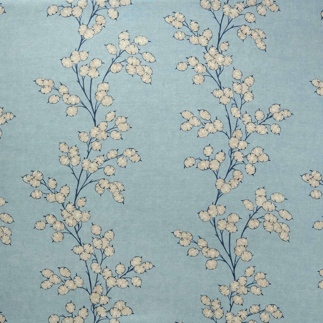 Aqua blue linen fabric with trailing cream floral branches and navy stems