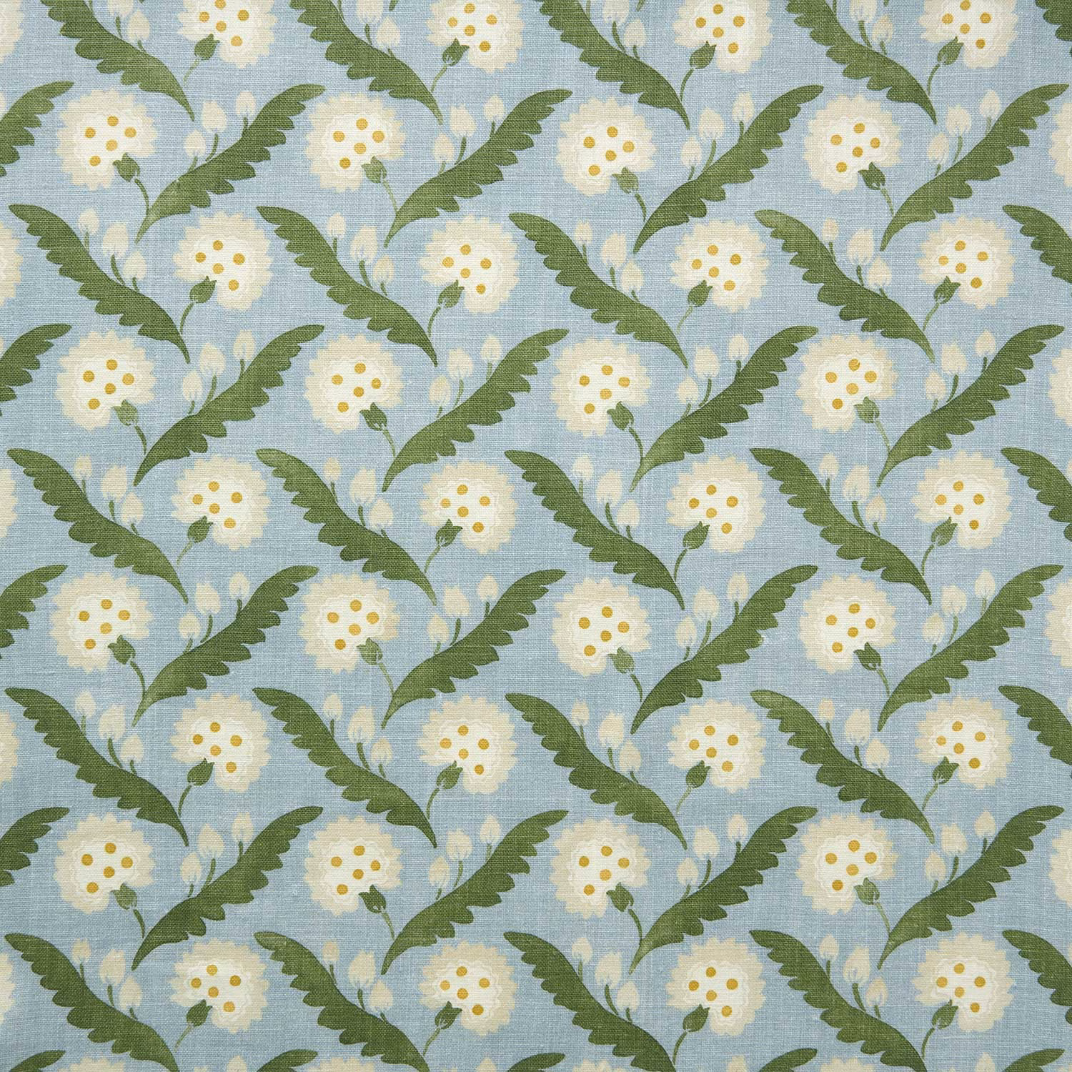Blue linen floral fabric with white daisies and green leaves