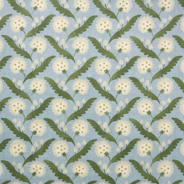 Blue linen floral fabric with white daisies and green leaves