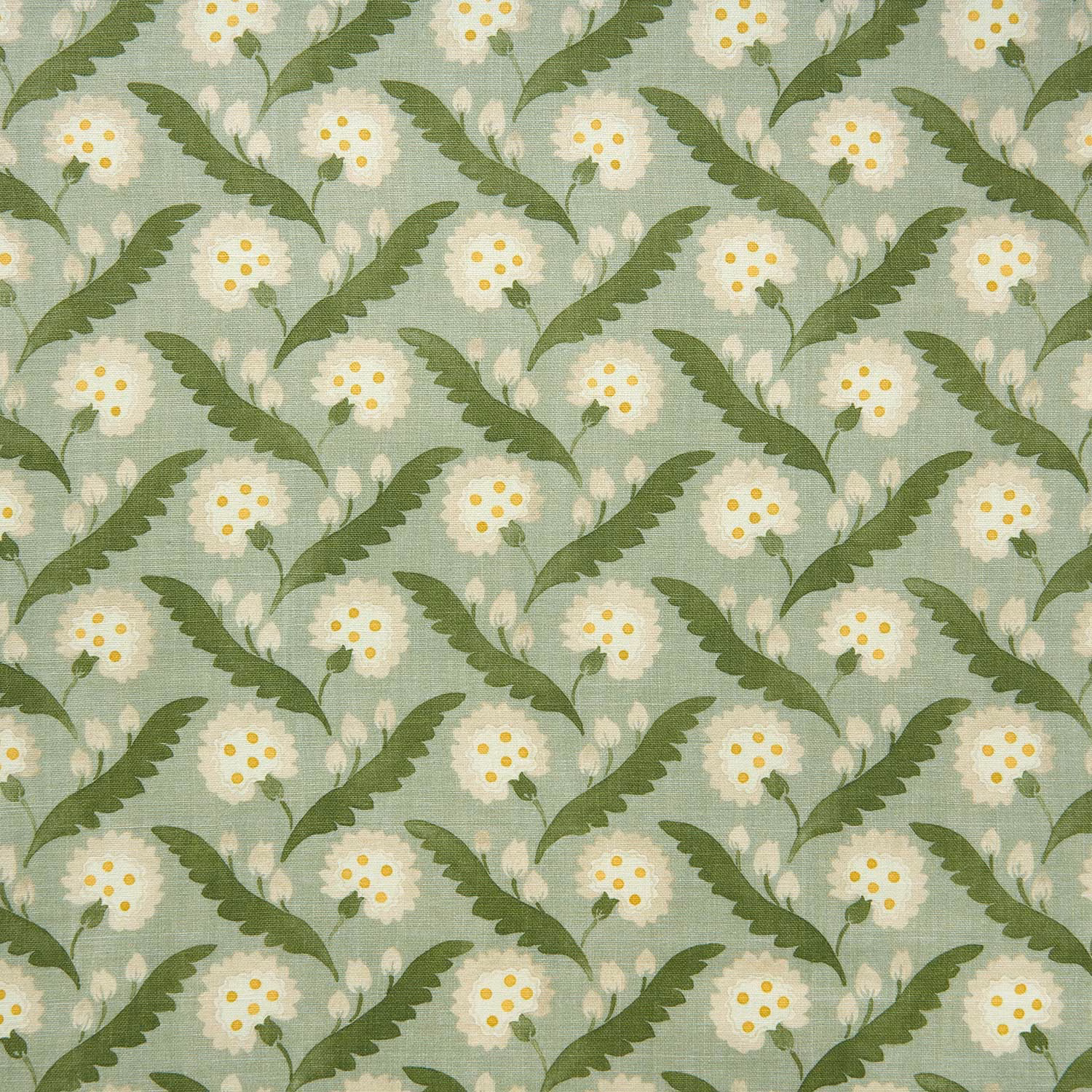 Moss green linen fabric with cream floral motifs and olive leaves