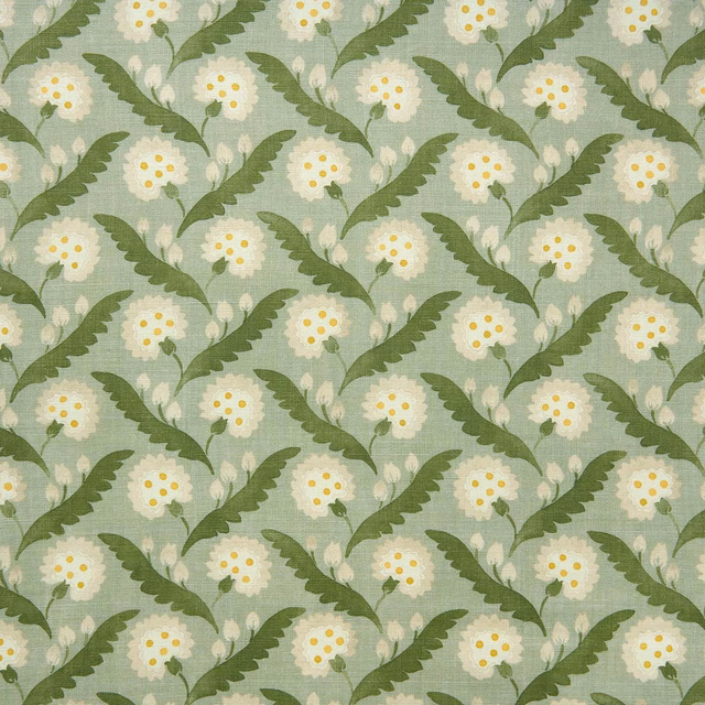 Moss green linen fabric with cream floral motifs and olive leaves