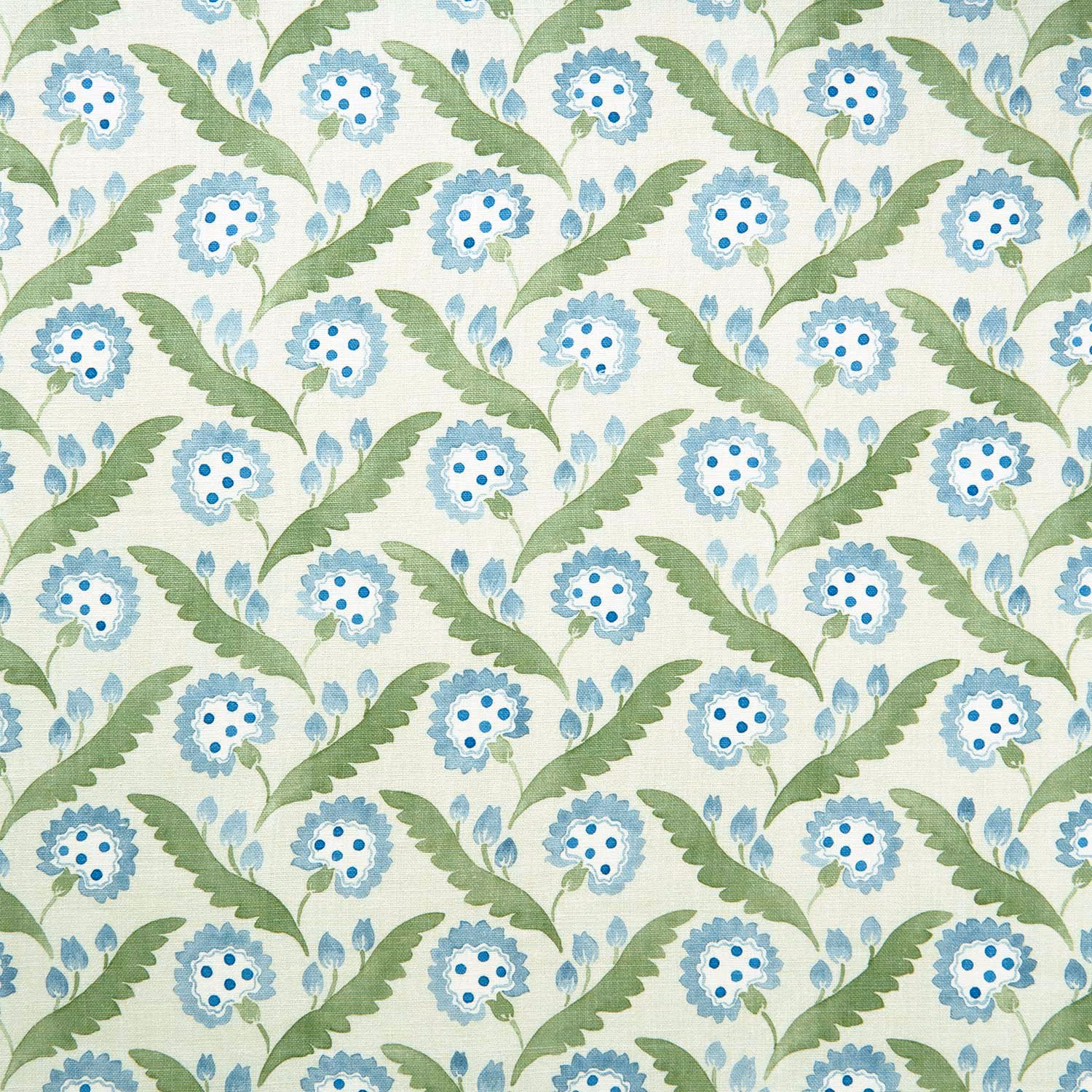 Cream linen floral fabric with sage leaves and blue blossoms