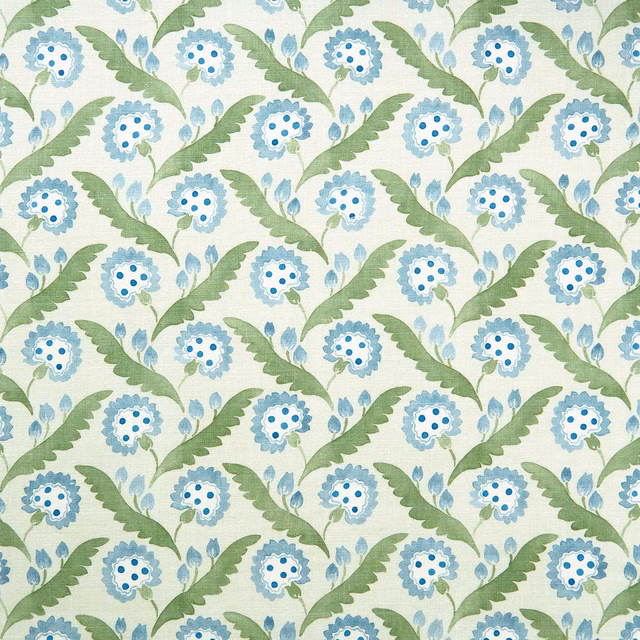 Cream linen floral fabric with sage leaves and blue blossoms