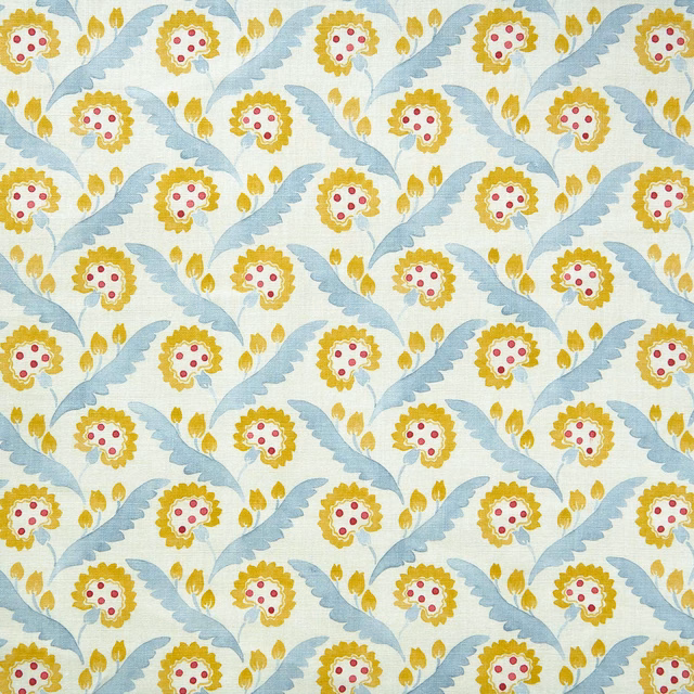 Floral linen swatch with pale blue leaves, yellow blooms and pink centres