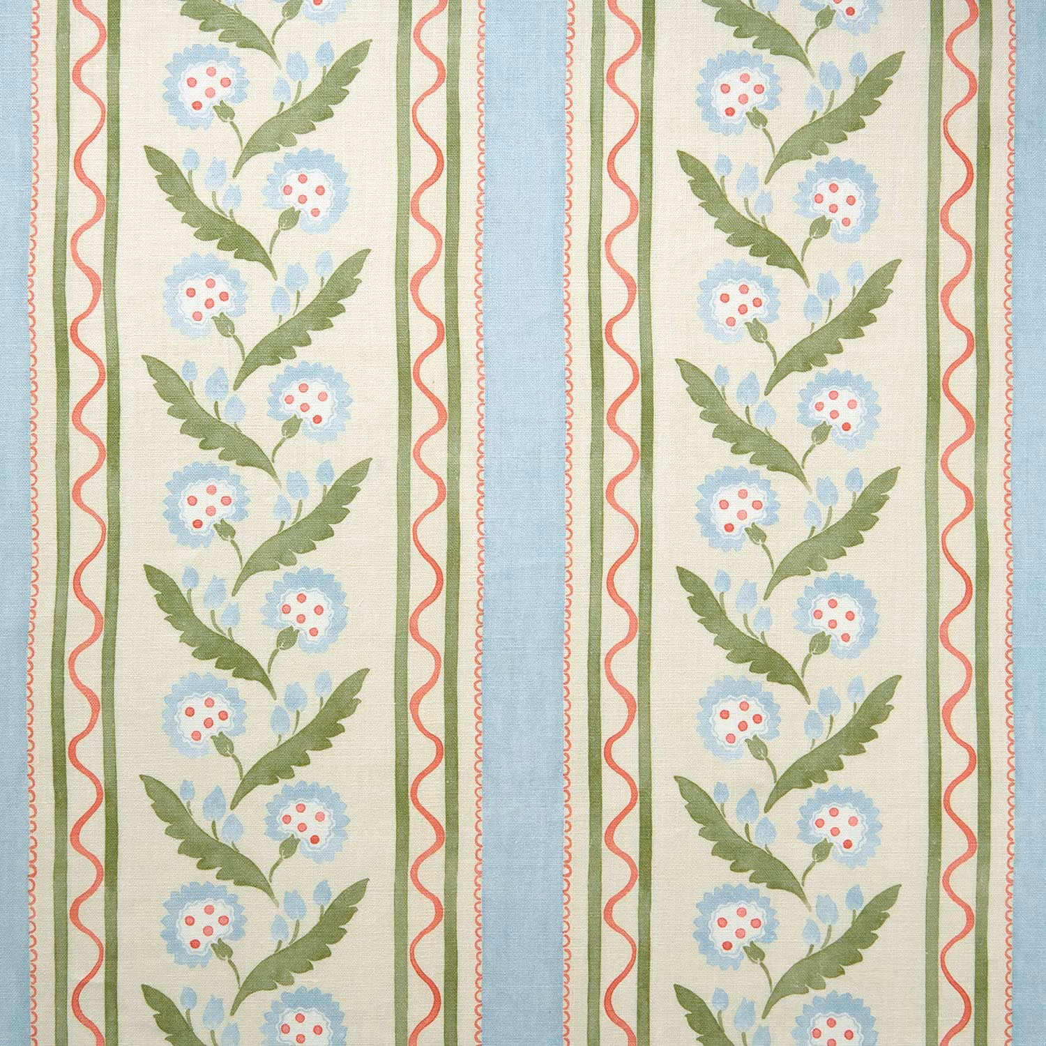 Pale cameo blue striped linen with floral vine bands and coral trim