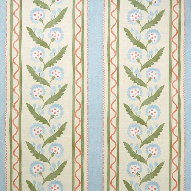 Pale cameo blue striped linen with floral vine bands and coral trim