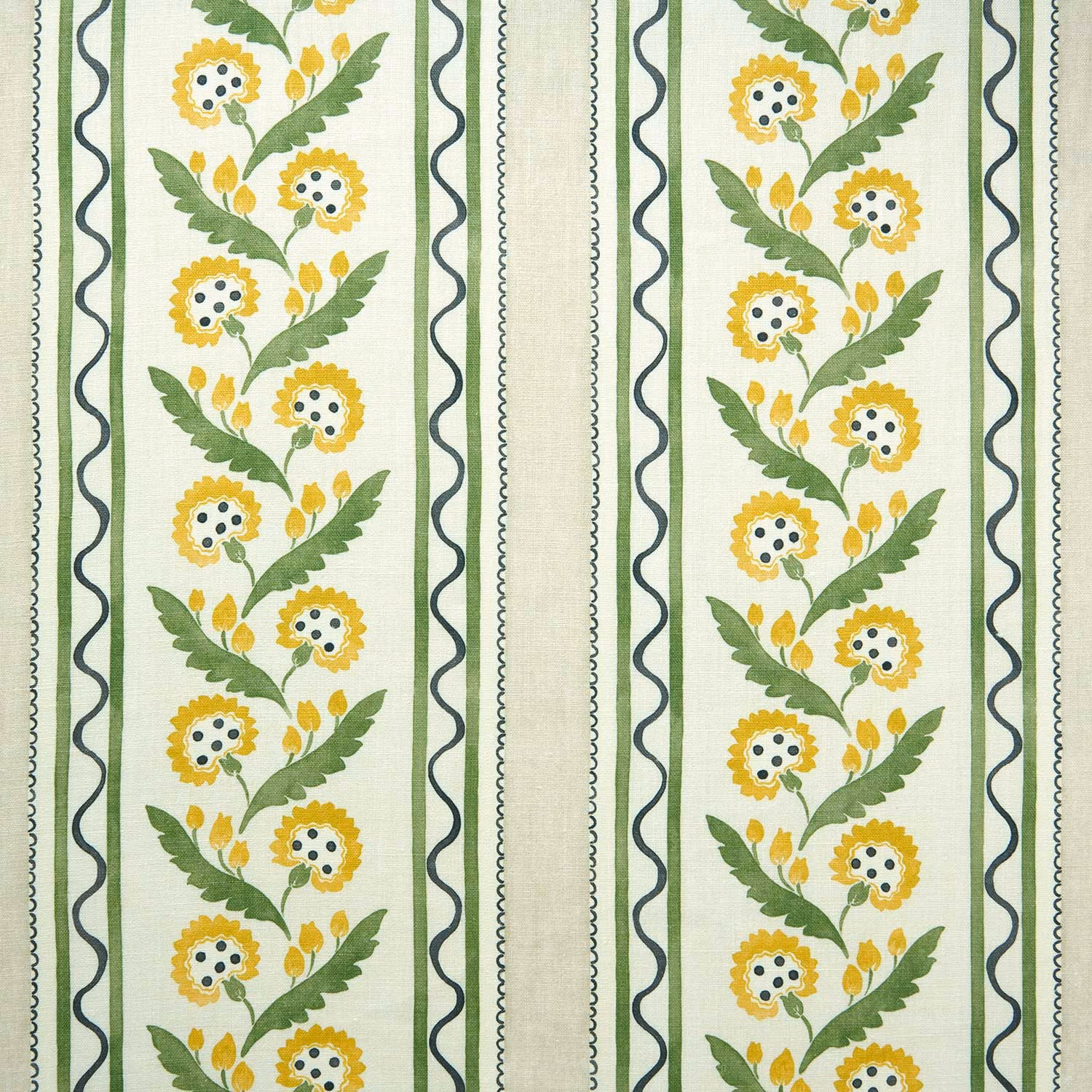 Vertical floral stripe in dandelion yellow and green on pale linen ground