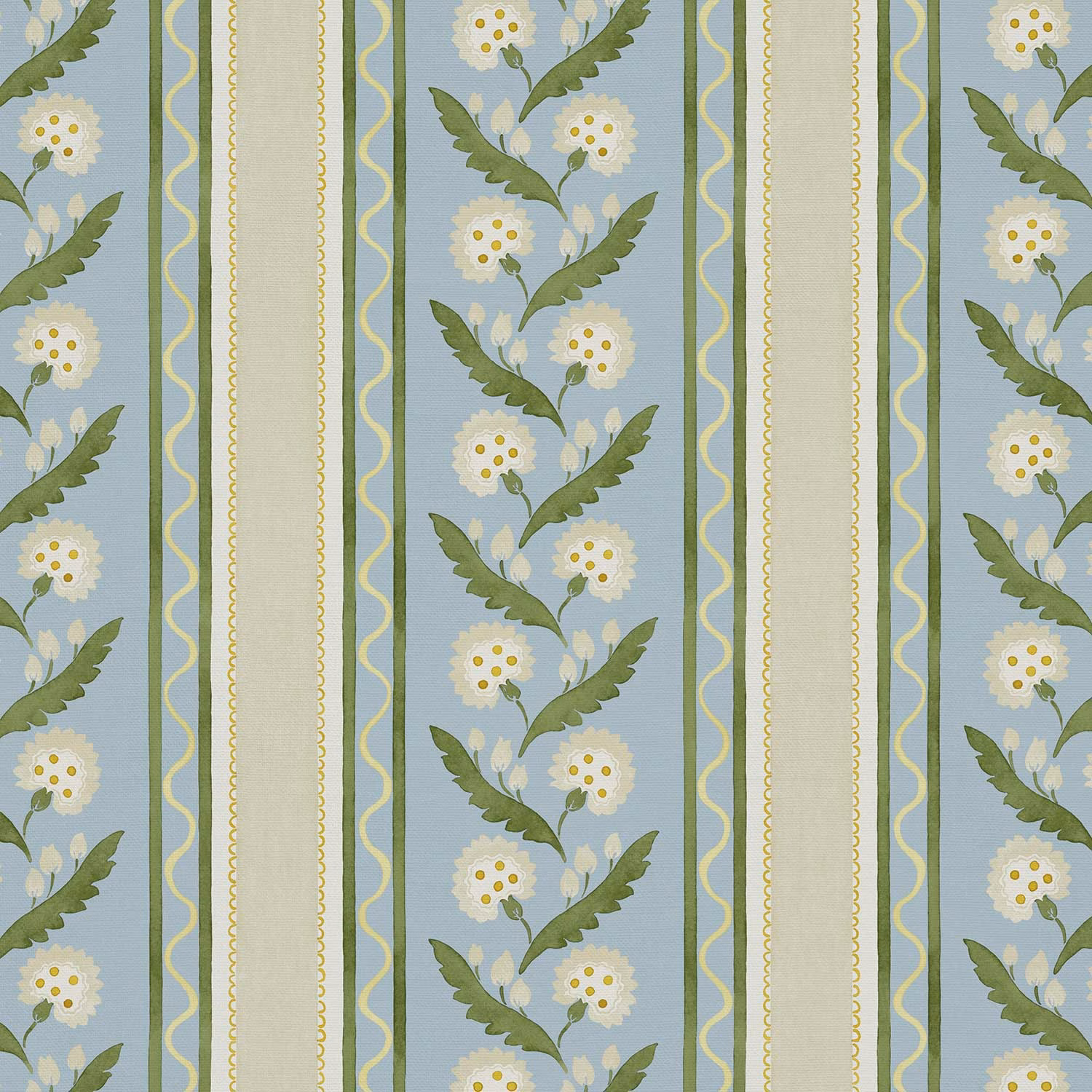 Powder blue linen stripe fabric with cream bands and small green floral sprigs