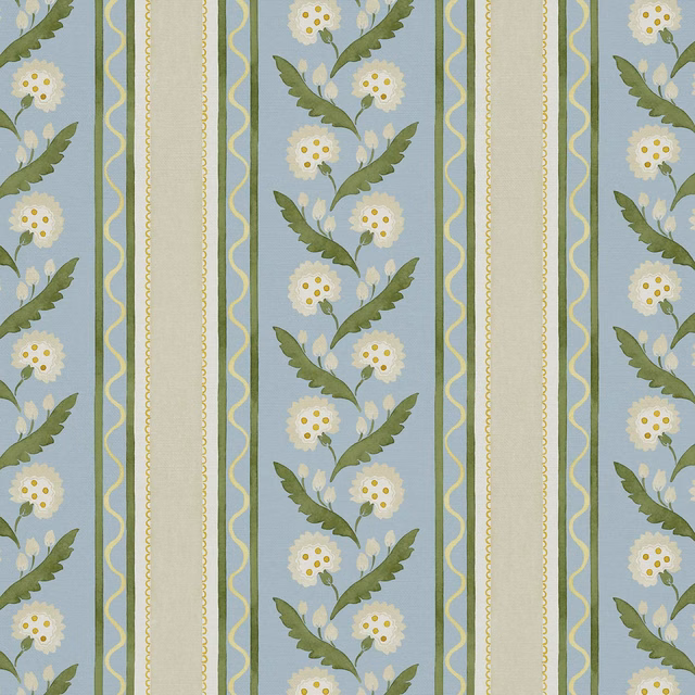 Powder blue linen stripe fabric with cream bands and small green floral sprigs