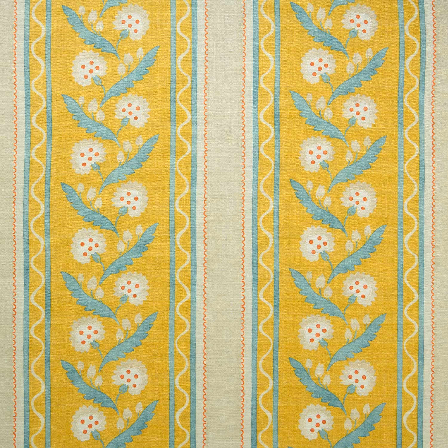 Bright yellow linen stripe with blue leaf sprigs and white floral motifs