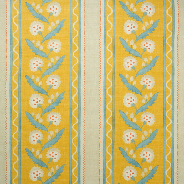 Bright yellow linen stripe with blue leaf sprigs and white floral motifs