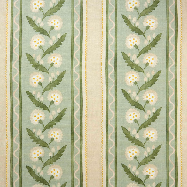 Soft moss green floral stripe on natural linen with cream bands and yellow accents