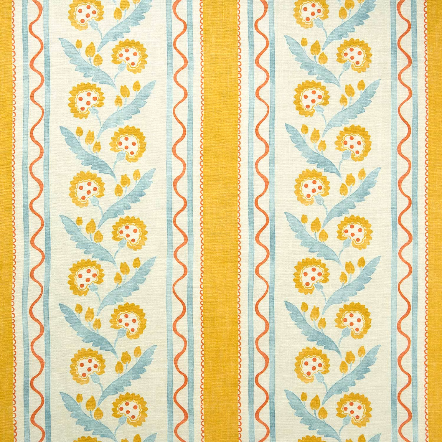 Vertical floral stripe fabric with butter yellow, aqua and coral on cream linen