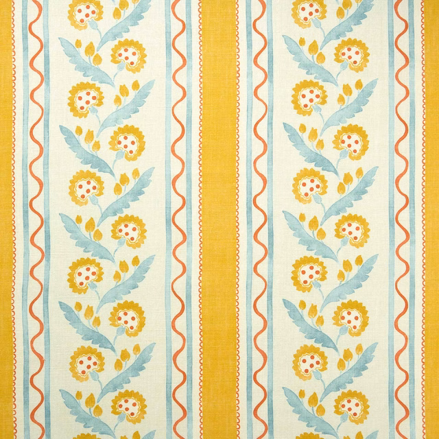 Vertical floral stripe fabric with butter yellow, aqua and coral on cream linen
