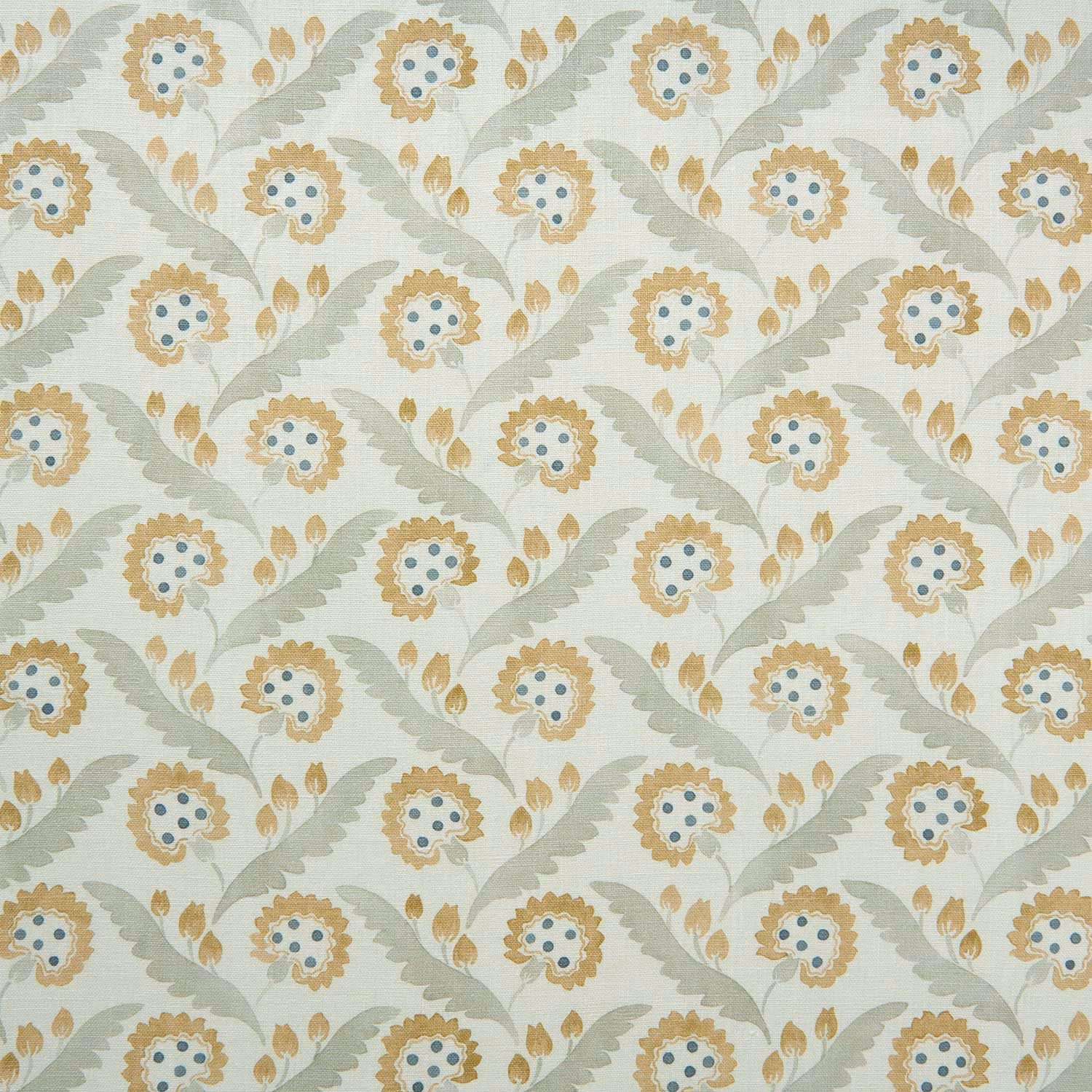Cream linen floral fabric with sage leaves, wheat-gold blooms and small blue centres