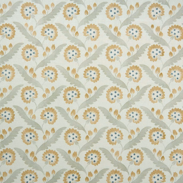 Cream linen floral fabric with sage leaves, wheat-gold blooms and small blue centres