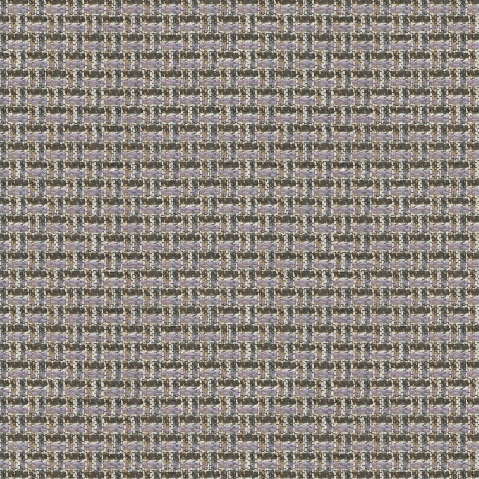 Close-up of grey lilac and tan woven small geometric check upholstery fabric
