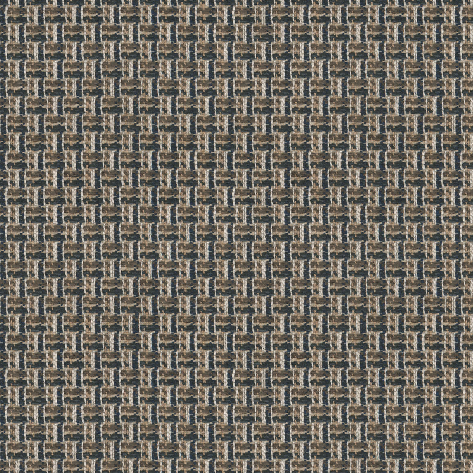 Dark brown woven fabric with small tan and blue-grey interlocking geometric marks