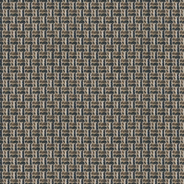 Dark brown woven fabric with small tan and blue-grey interlocking geometric marks