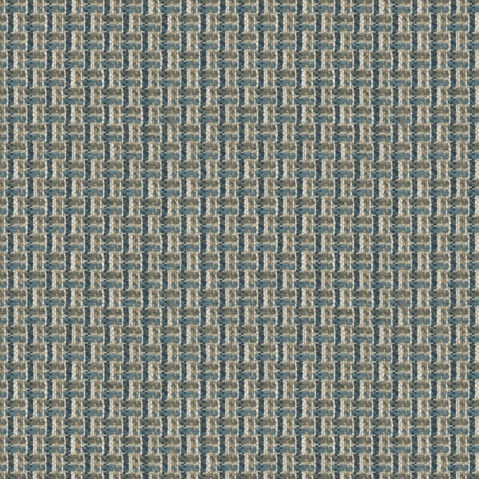 Close-up of smoke blue woven fabric with tan and cream geometric flecks