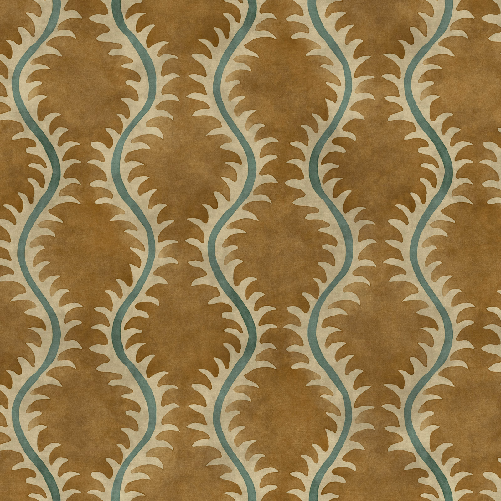Warm ochre fabric with turquoise winding vines, cream leaf edging, and mottled texture