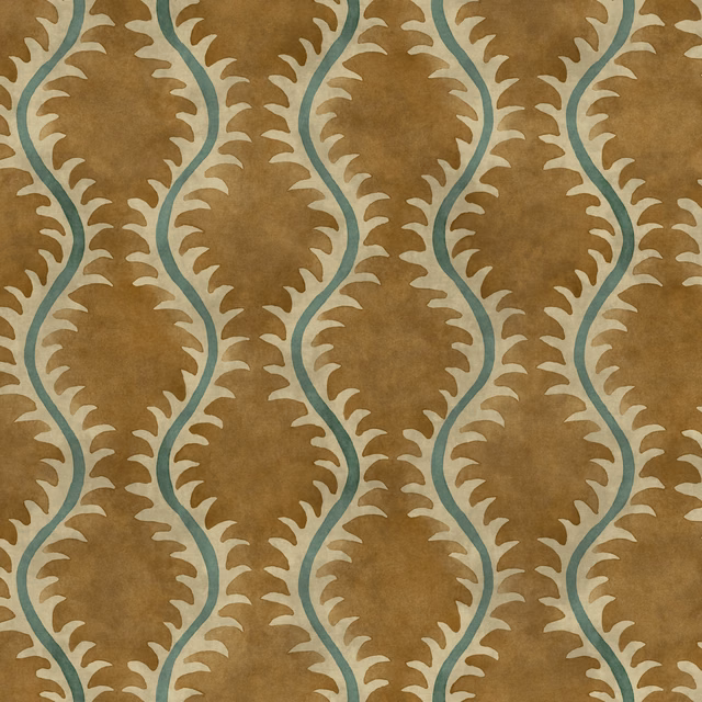 Warm ochre fabric with turquoise winding vines, cream leaf edging, and mottled texture
