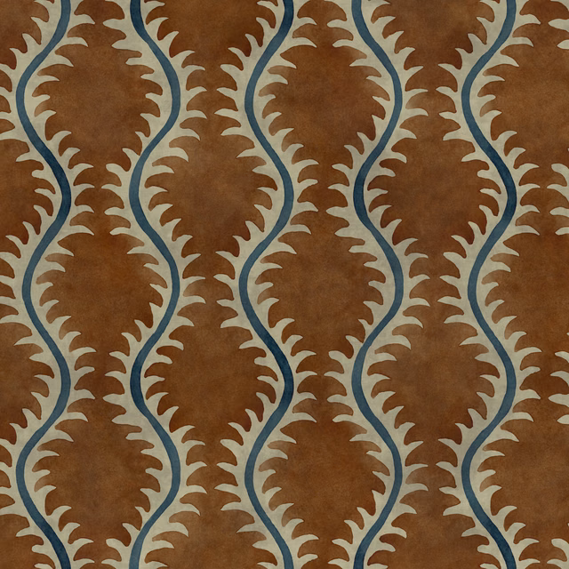 Chestnut brown fabric with looping blue lines and pale tan serrated motifs