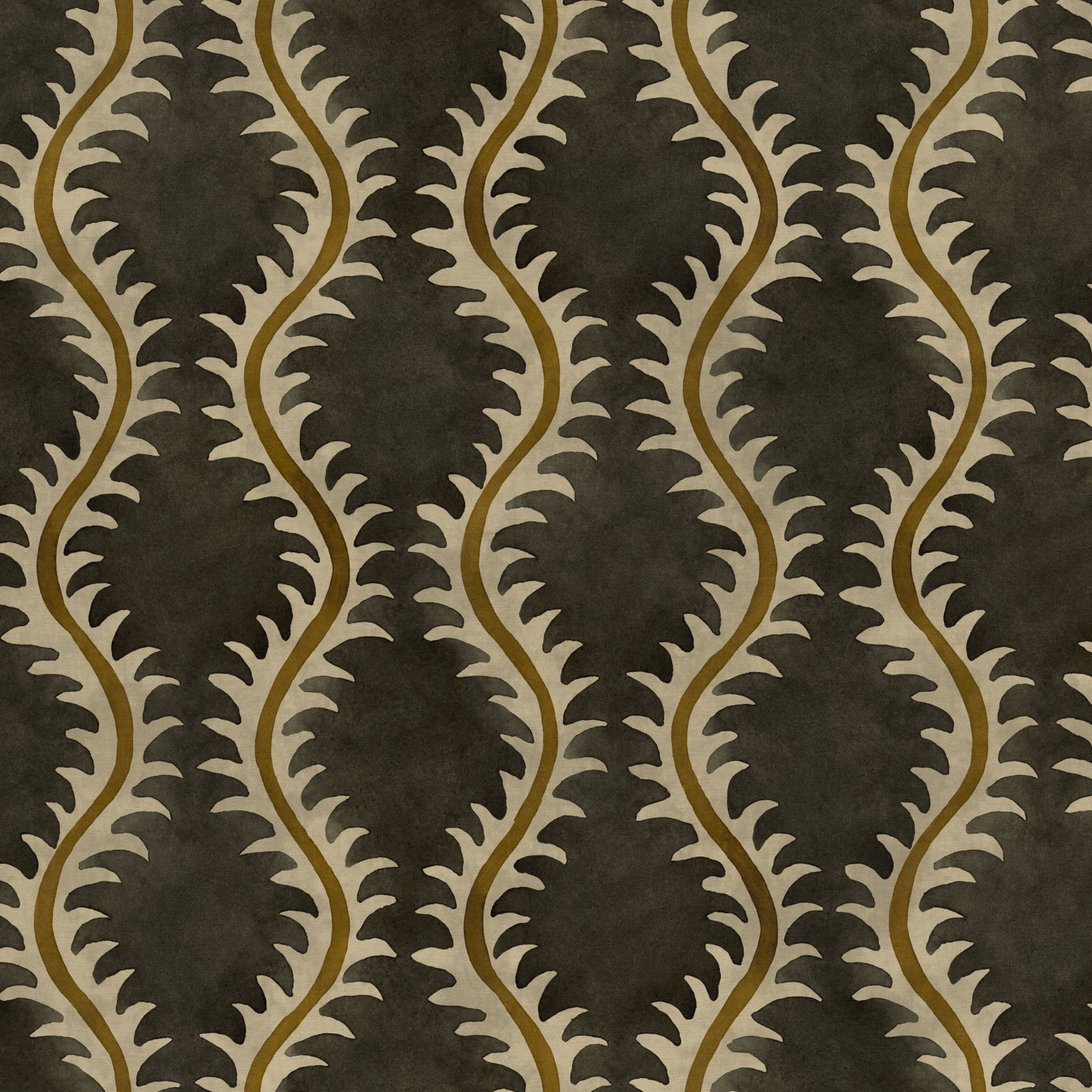 Mottled coal fabric with tan serpentine vines and pale olive serrated leaves