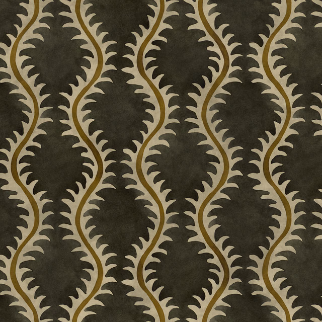 Mottled coal fabric with tan serpentine vines and pale olive serrated leaves
