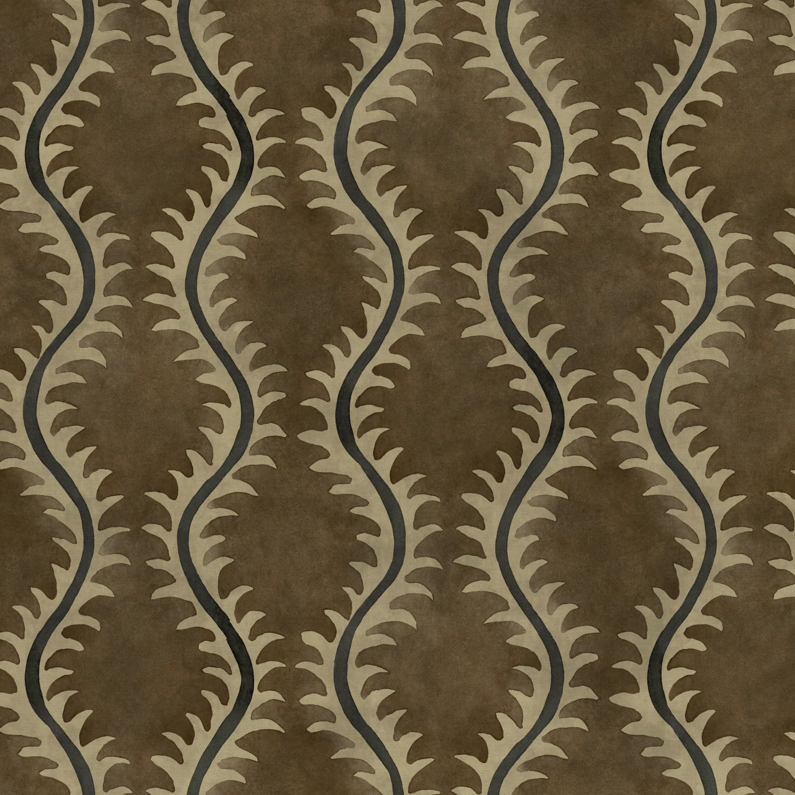 Warm brown fabric with pale tan scrolling leaf vines and dark charcoal outlines
