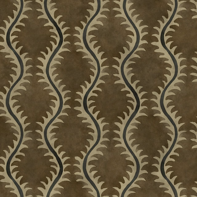 Warm brown fabric with pale tan scrolling leaf vines and dark charcoal outlines