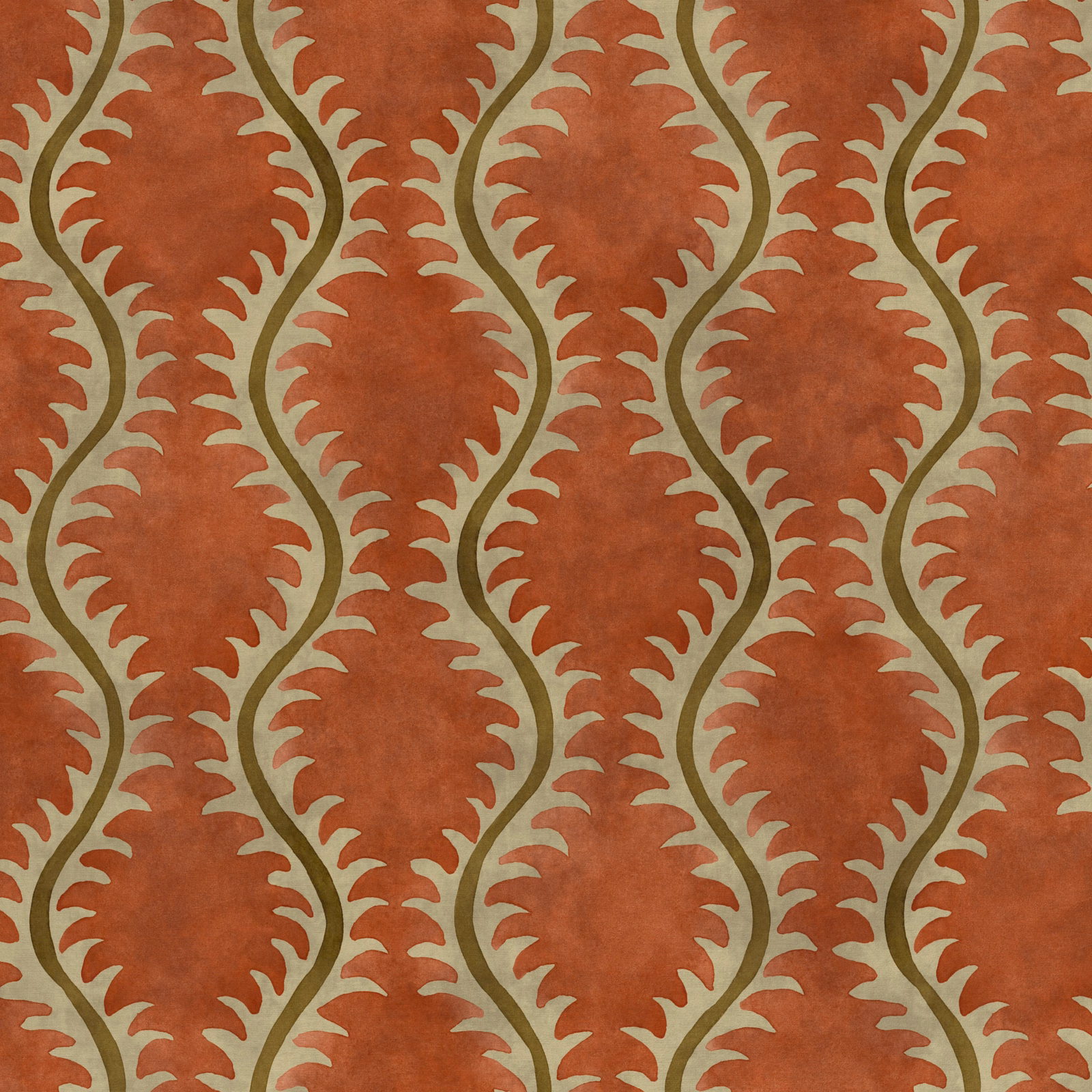 Warm coral terracotta fabric with olive scrolling vines and serrated leaf motifs