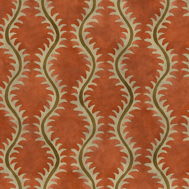 Warm coral terracotta fabric with olive scrolling vines and serrated leaf motifs