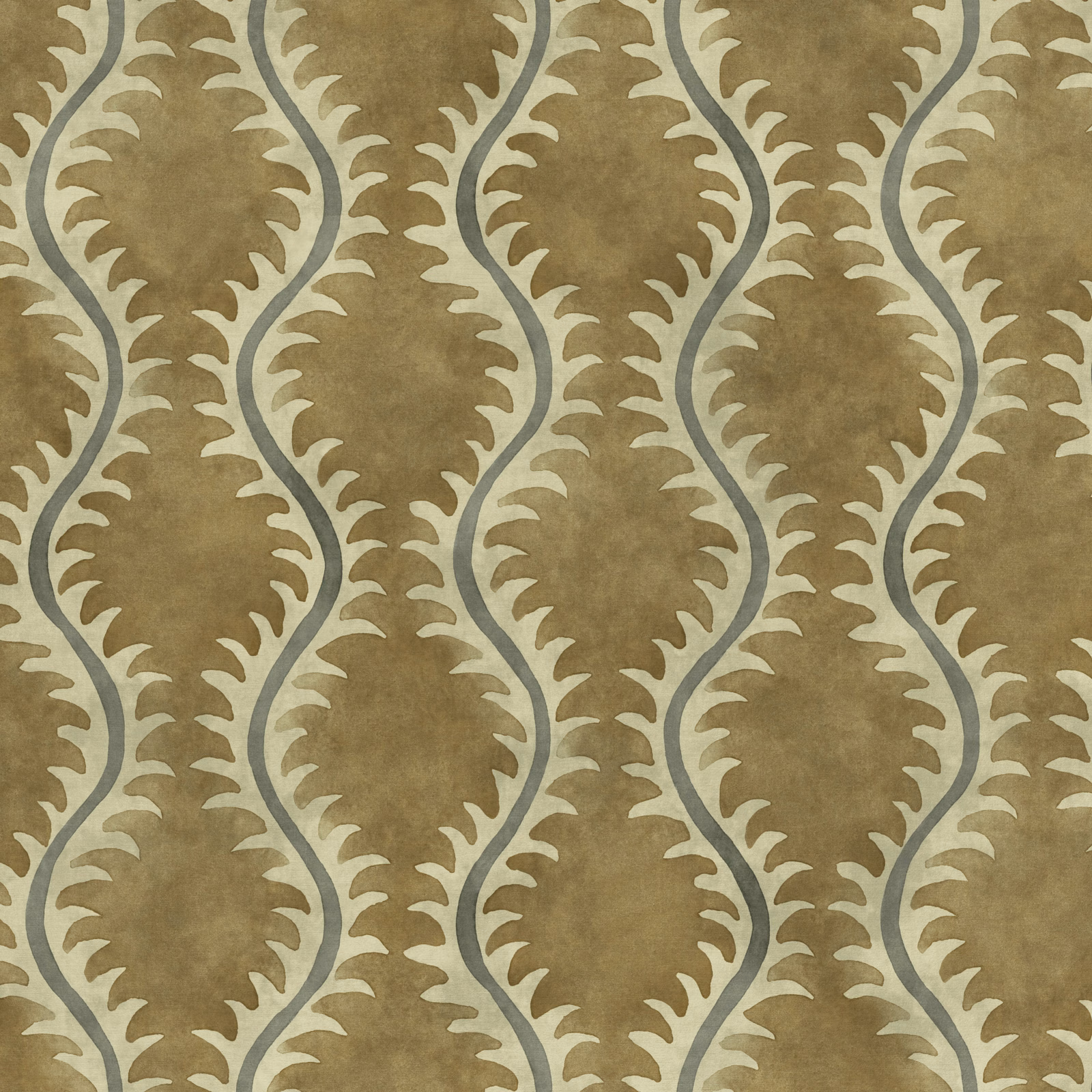 Warm dove-taupe fabric with pale grey-blue curling leaf stripes and a soft mottled texture