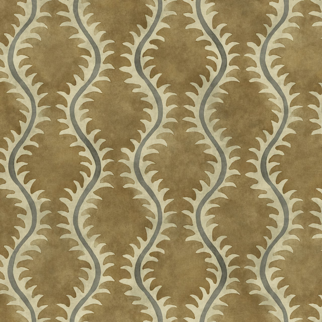 Warm dove-taupe fabric with pale grey-blue curling leaf stripes and a soft mottled texture