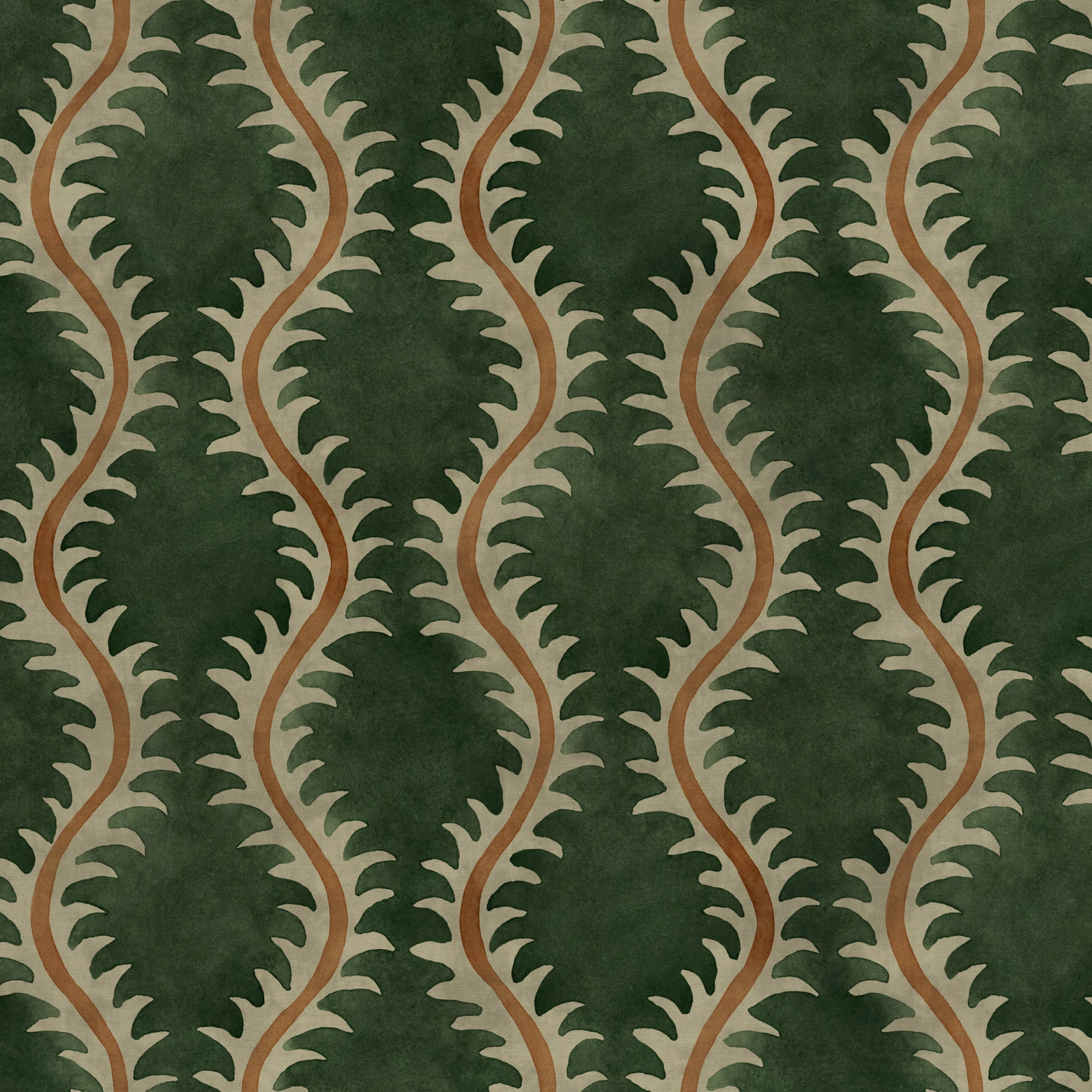 Deep forest green fabric with looping tan leaves and rust-brown stems