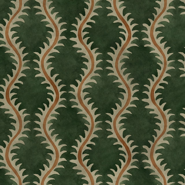 Deep forest green fabric with looping tan leaves and rust-brown stems