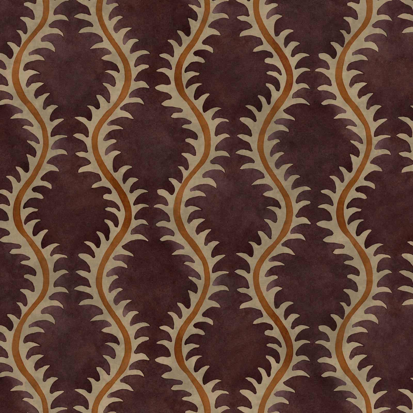 Deep grape velvet-like ground with olive leaf scrolls and ochre winding stems