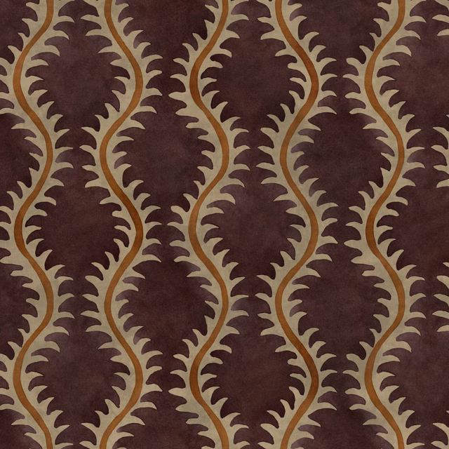 Deep grape velvet-like ground with olive leaf scrolls and ochre winding stems