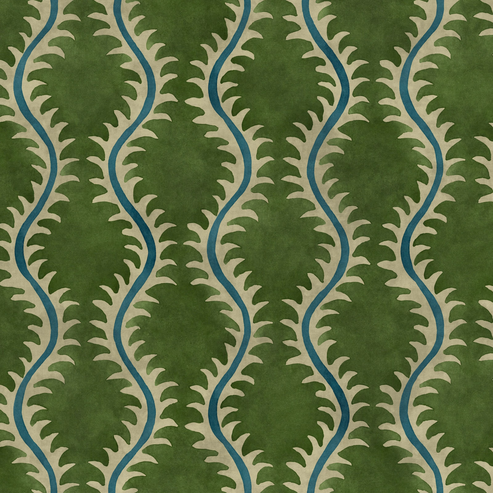 Deep grass-green fabric with cream leafy vines and blue meandering lines