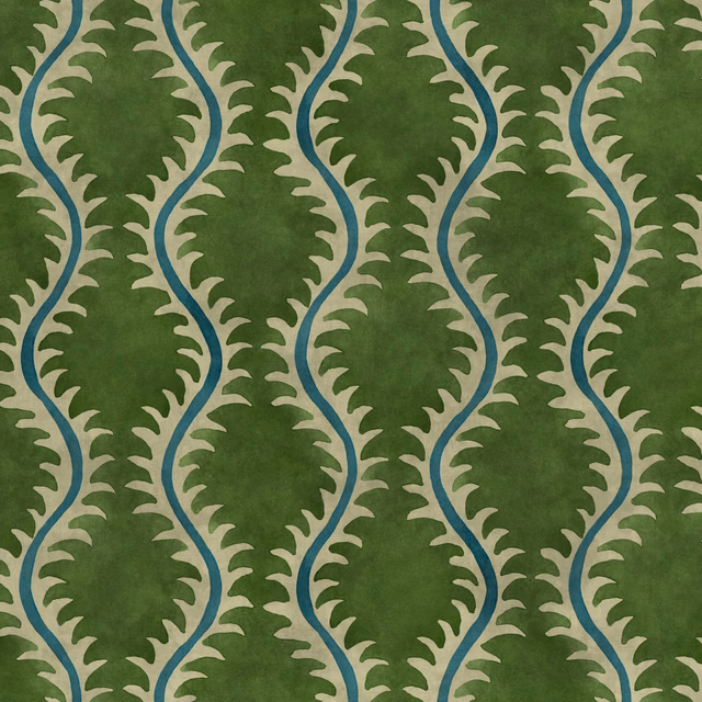 Deep grass-green fabric with cream leafy vines and blue meandering lines