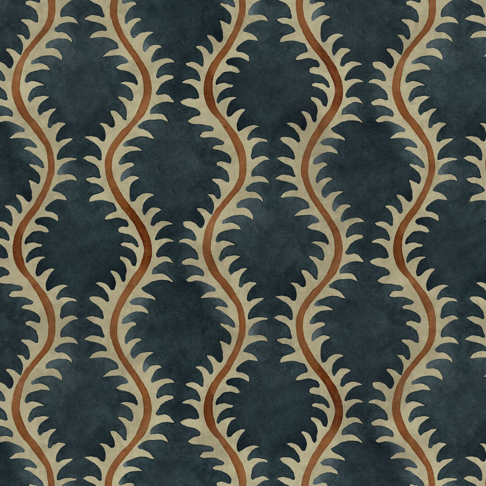 Ink blue fabric with khaki leaf columns and winding rust stems