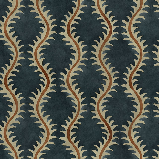 Ink blue fabric with khaki leaf columns and winding rust stems