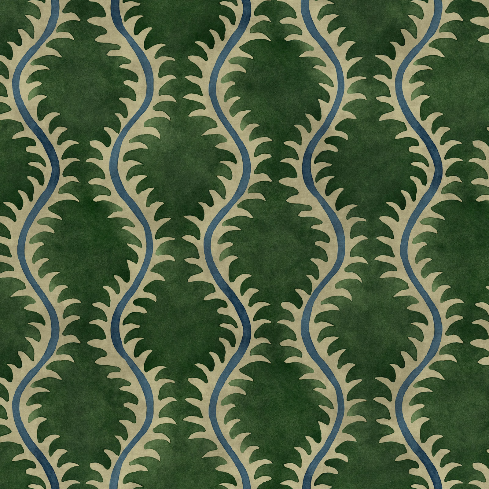 Deep forest green fabric with cream leafy vines and aqua-blue outlines