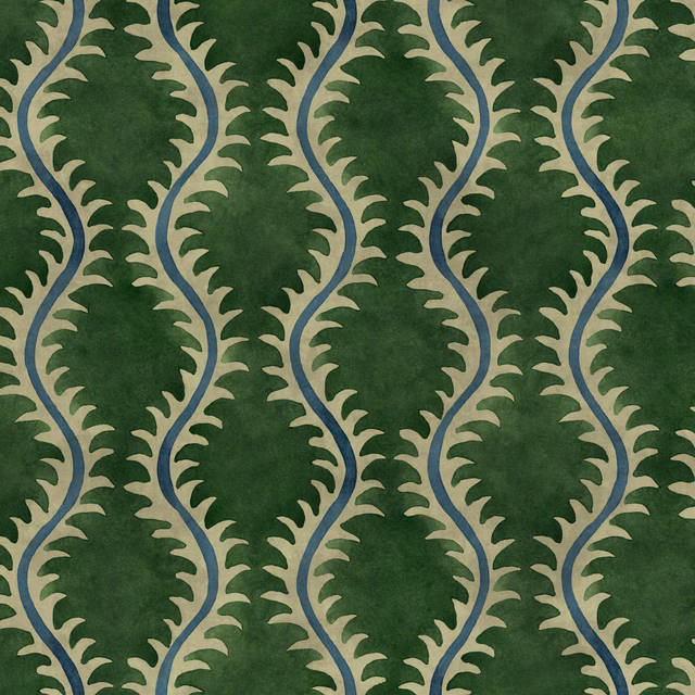 Deep forest green fabric with cream leafy vines and aqua-blue outlines
