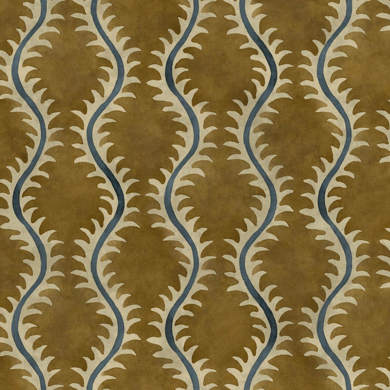 Olive lichen fabric with cream scrolling leaves and muted blue-grey outlines