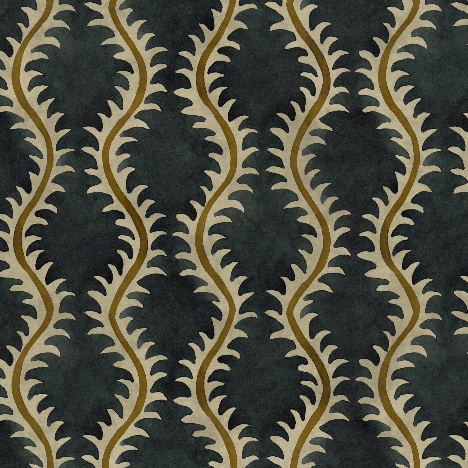 Dark midnight green ground with olive-gold scrolling leaf vines and soft mottled texture