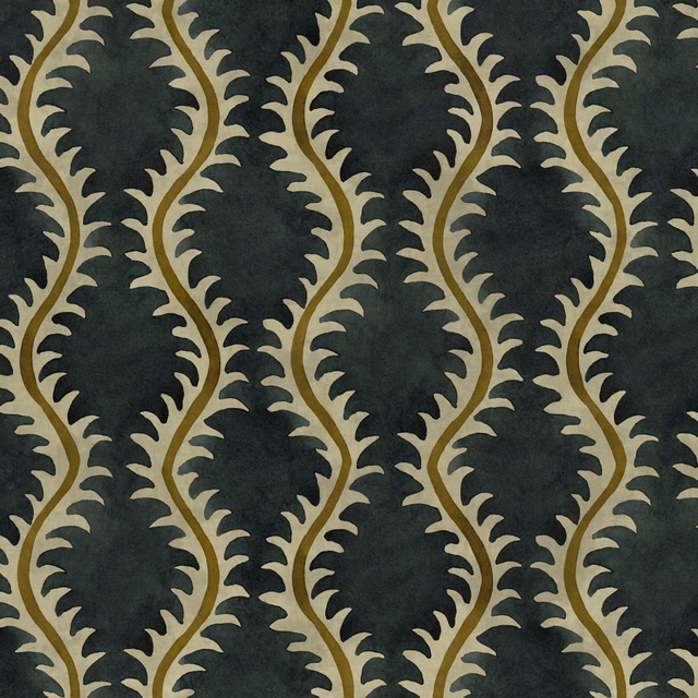Dark midnight green ground with olive-gold scrolling leaf vines and soft mottled texture