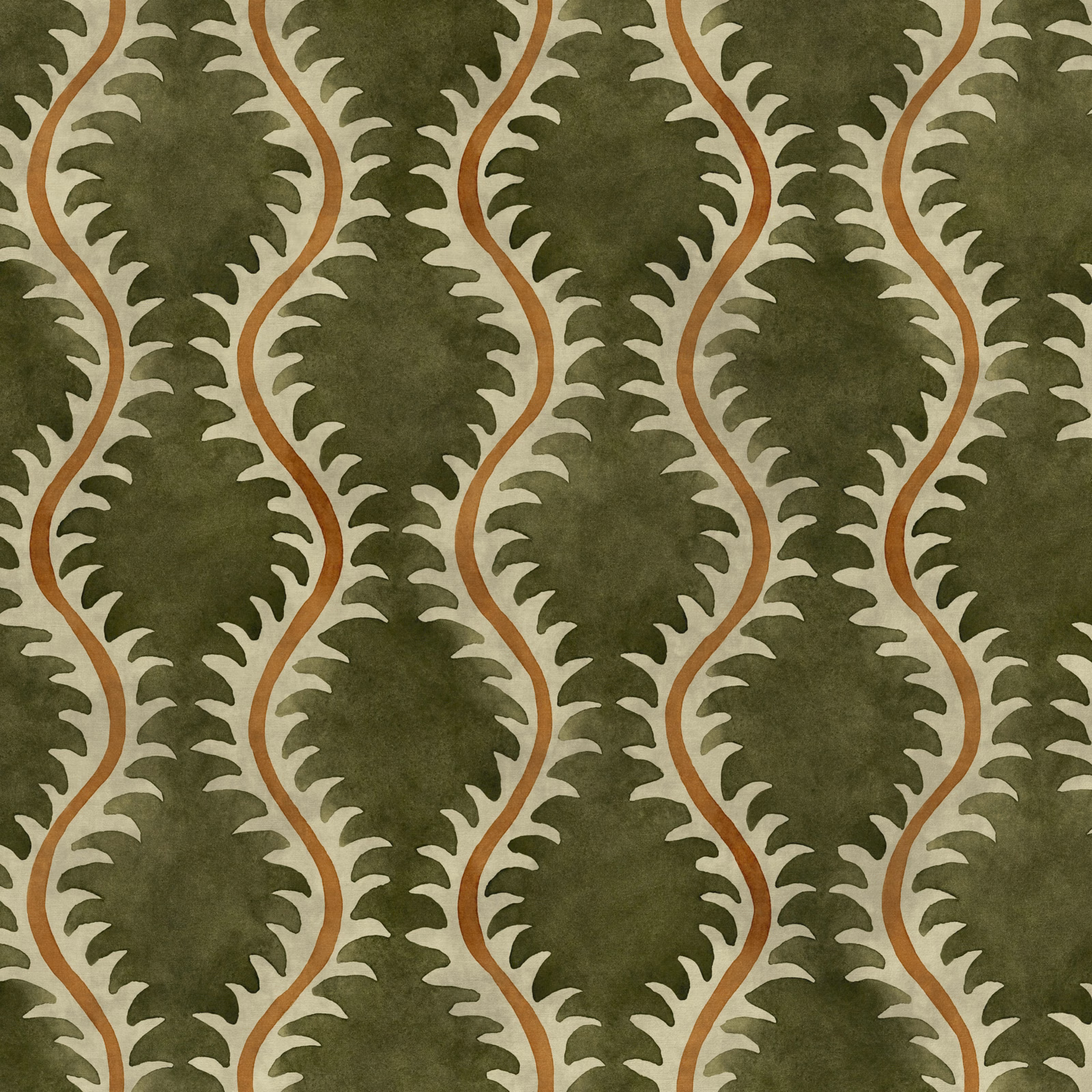 Deep moss olive fabric with cream scalloped forms and winding terracotta stripes